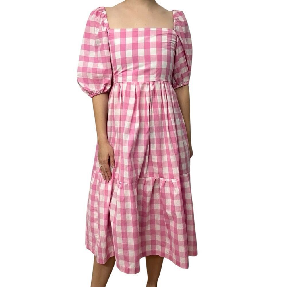 Megan Crosby Midi Dress Puff Sleeve Pink Gingham Cottagecore Dainty Size Small